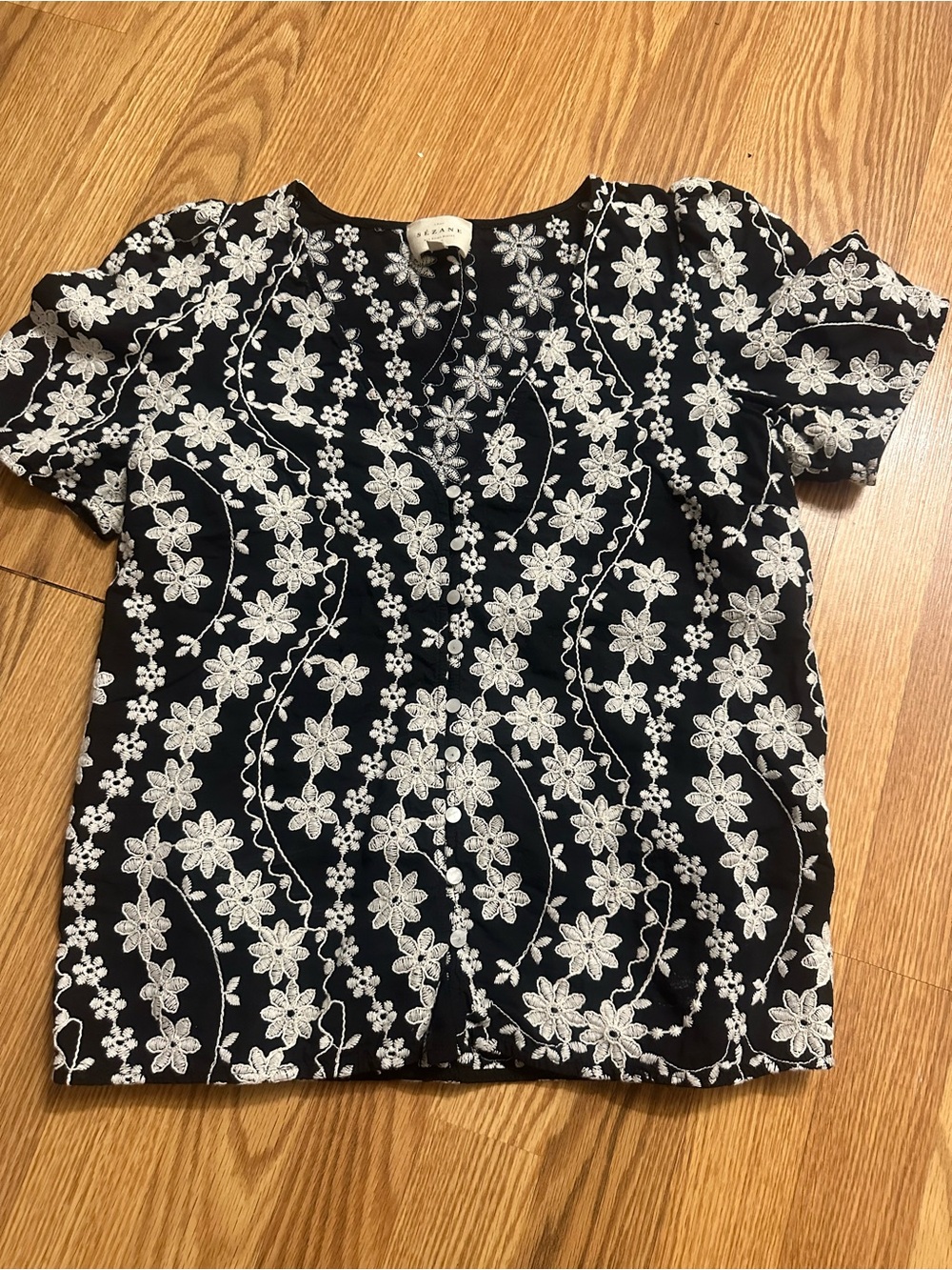 Sezane Black Top with White Floral Embroidery